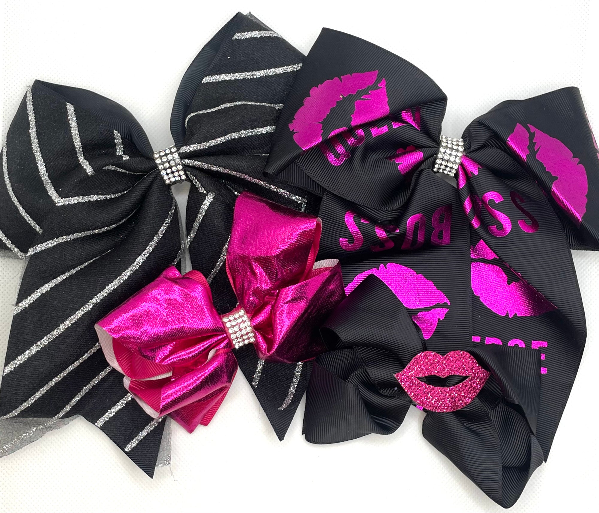 Pink Black Rhinestone Glitter Hair Bow